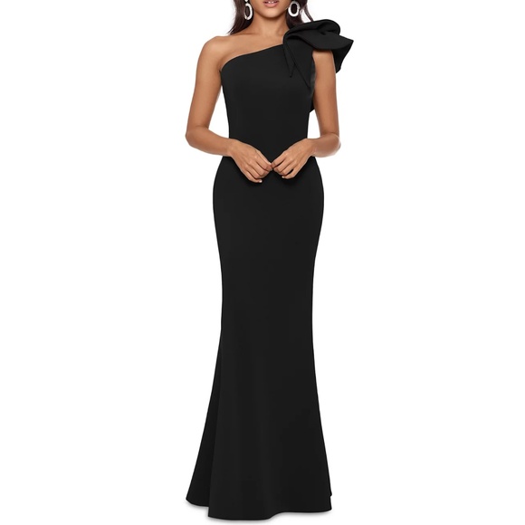 Betsy & Adam - "Daisy" Long Scuba Crepe One Shoulder Dress - Picture 1 of 11